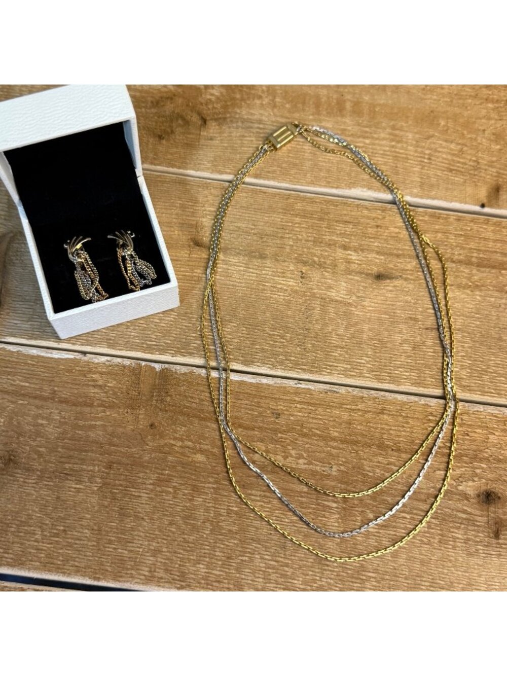Vintage Avon Two Toned Layered Necklace & Clip On Earring Set